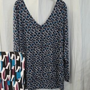 Lane Bryant 2x 18/20 Multicolor Geometric Long Sleeve Top Blouse Pink Blue Black